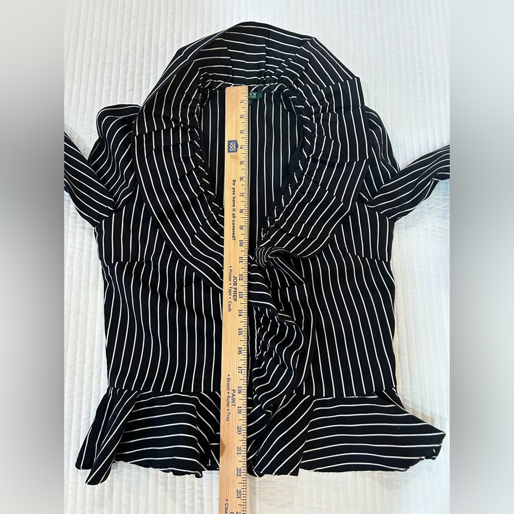 Lauren Ralph Lauren Blk Pinstripe Ruffle Peplum Blazer Shirt Steampunk SZ 10 - Picture 13 of 16